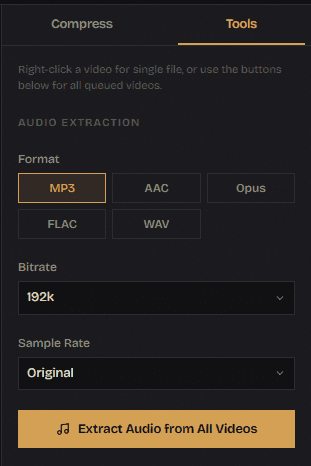 Tools tab — extract audio from any video in 5 formats