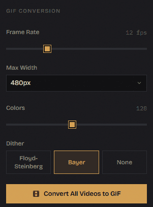 GIF conversion controls — frame rate, max width, palette, dither
