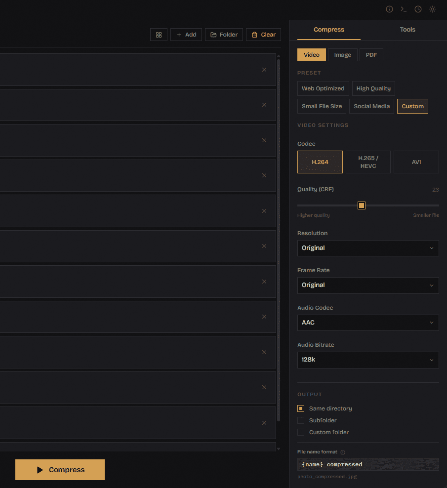 Compress tab — video codec, quality, and resolution controls